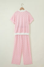 Pink Polka Dot Print Mock Neck Short Sleeve Top Shift Pant Set