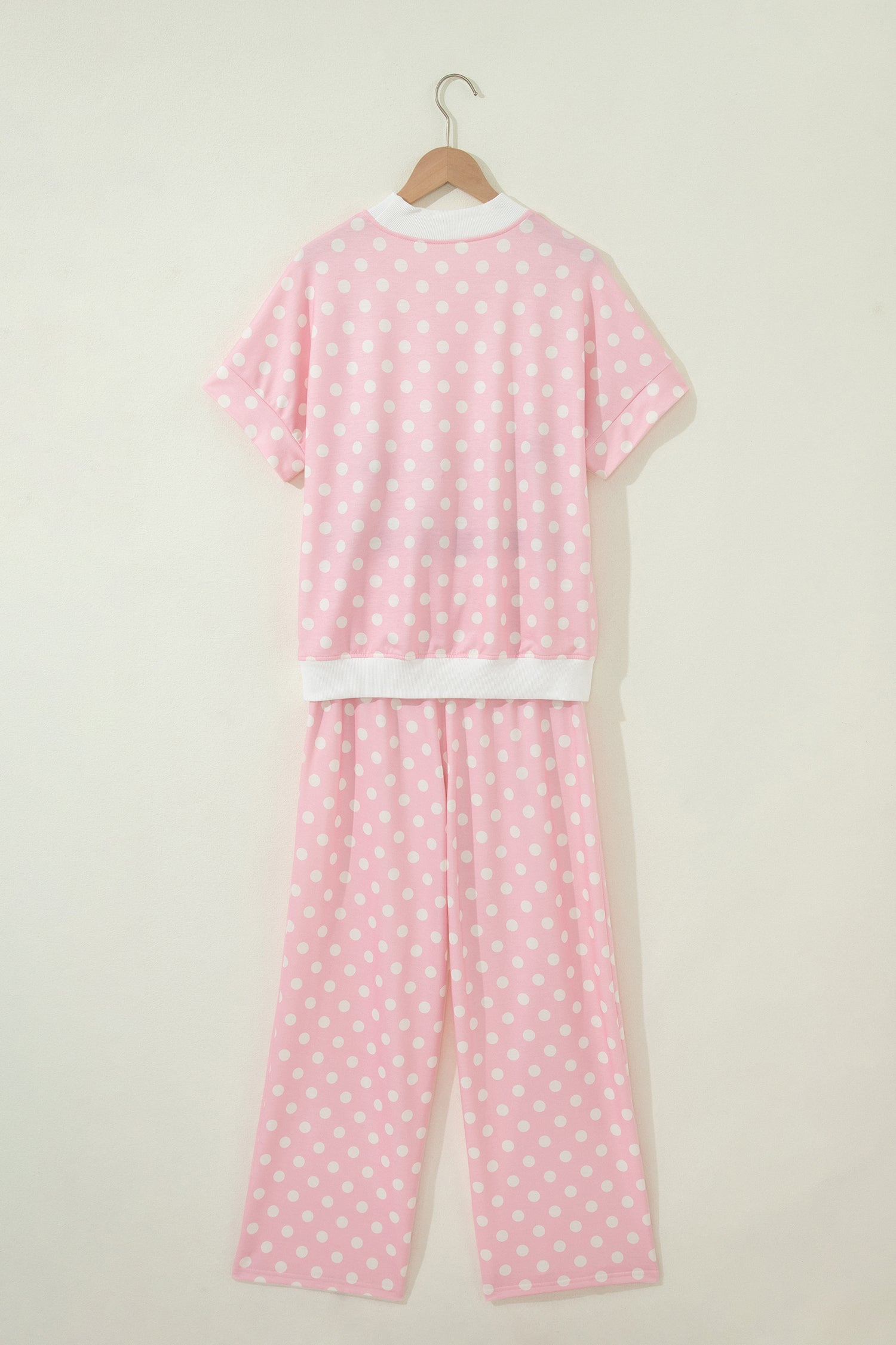 Pink Polka Dot Print Mock Neck Short Sleeve Top Shift Pant Set