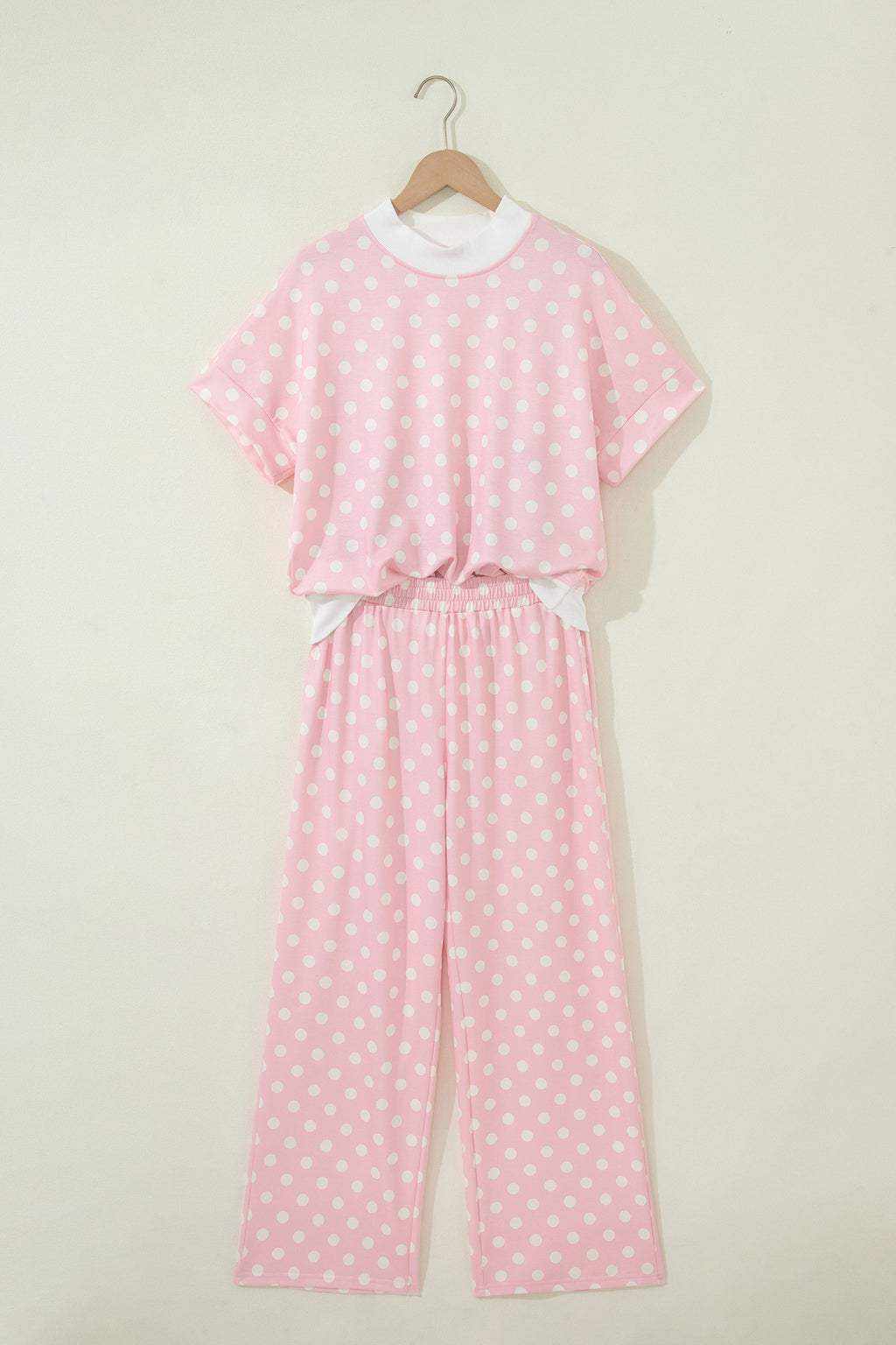 Pink Polka Dot Print Mock Neck Short Sleeve Top Shift Pant Set