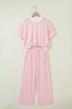 Pink Polka Dot Print Mock Neck Short Sleeve Top Shift Pant Set