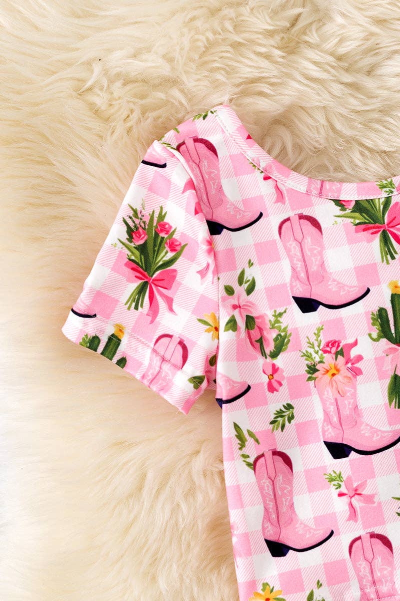 Pink Western boot printed crop top and 3 tiered layered skort. OFG61001 SOL