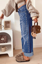 Navy Blue Studded Detail Straight Leg Casual Loose Jeans