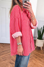 Red Stripe Button-Up Shirt Long Sleeve Patch Pocket Casual Shirt