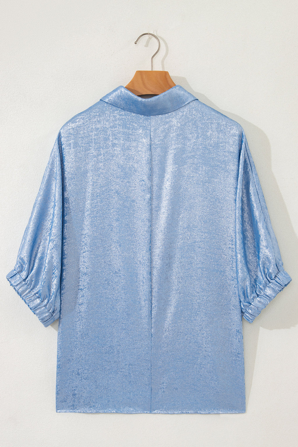 Collared V Neck Half Sleeve Metallic Top