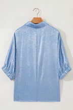 Collared V Neck Half Sleeve Metallic Top
