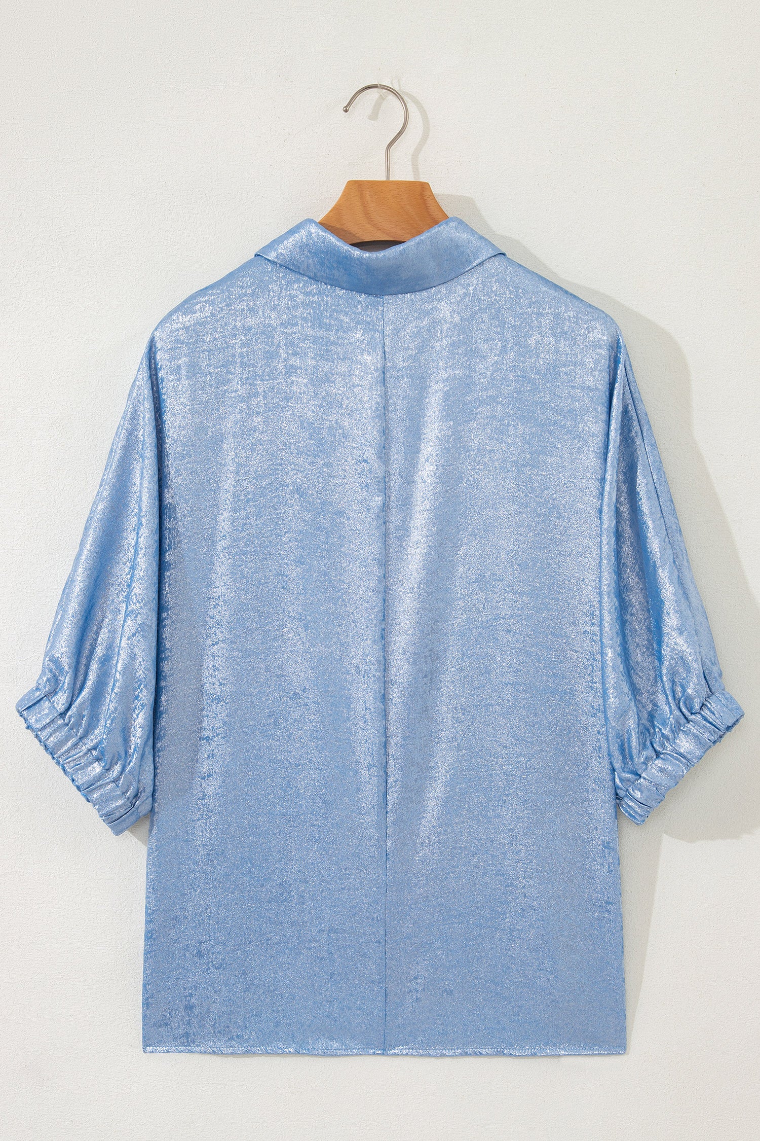 Collared V Neck Half Sleeve Metallic Top