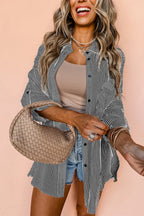 Stripe Roll-tab Sleeve Pocketed Long Shirt