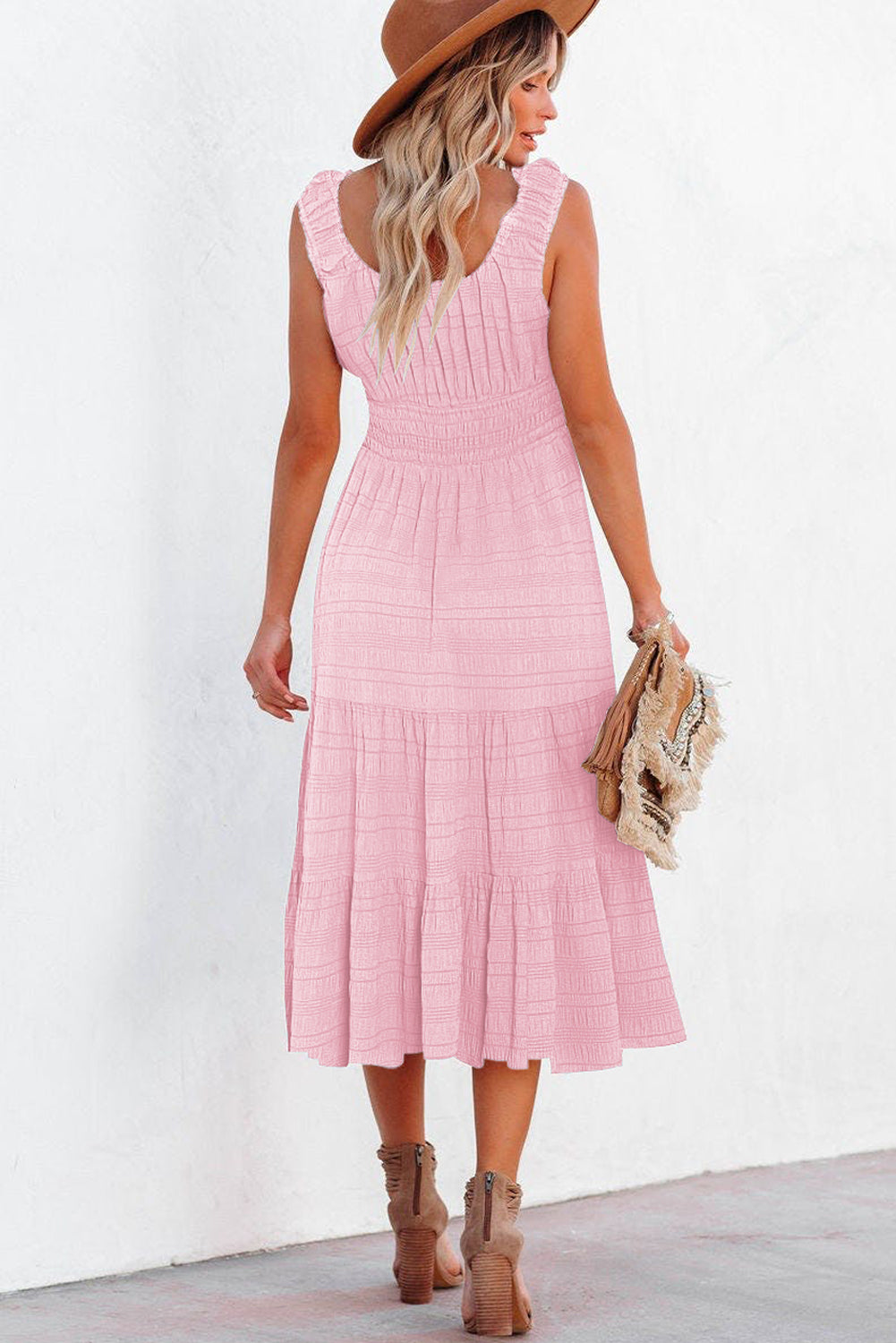 Shirred Pleated Square Neck Sleeveless Midi Dress