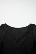 Black Lace Trim Elegant Neckline Long Sleeve Slim Top