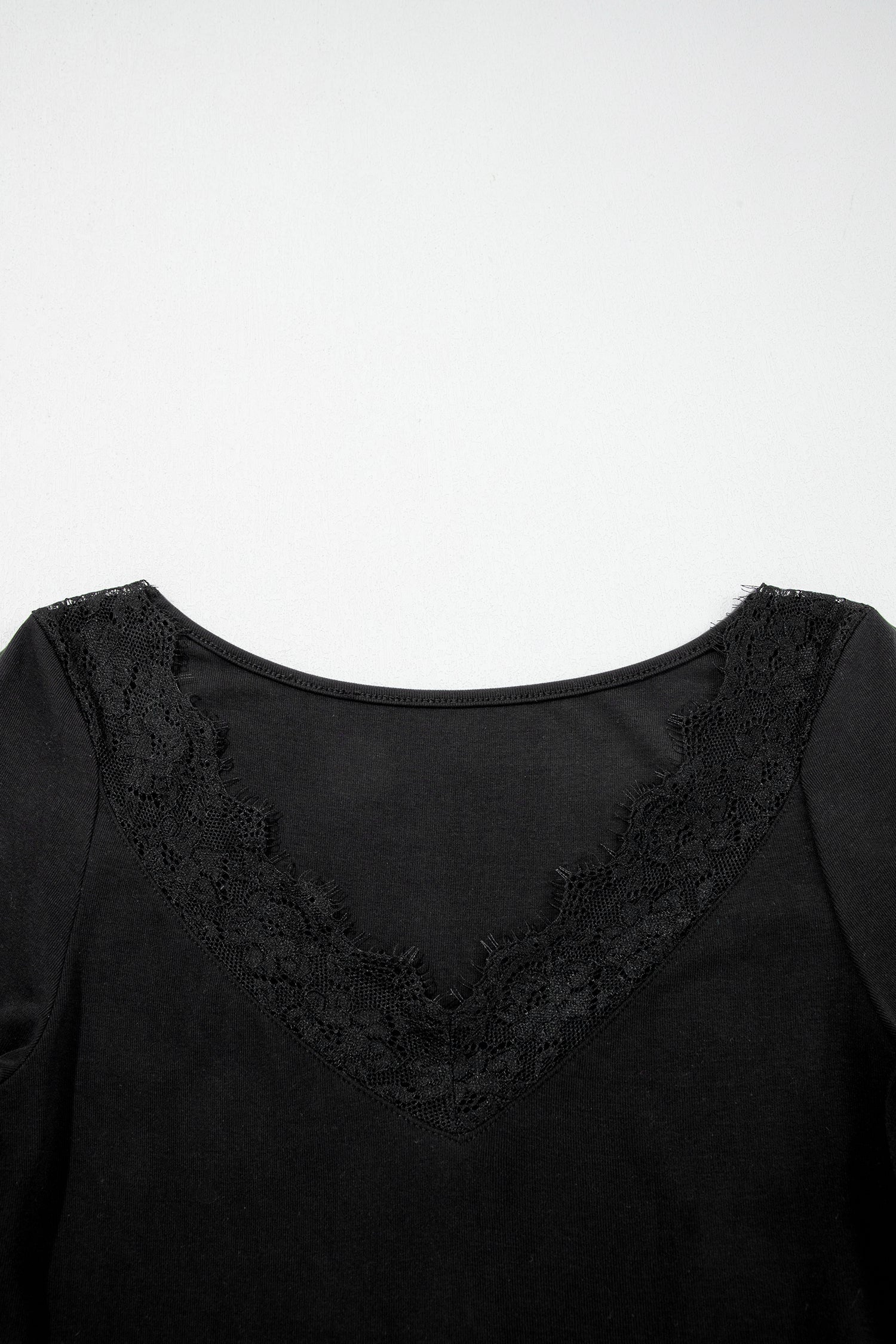 Black Lace Trim Elegant Neckline Long Sleeve Slim Top