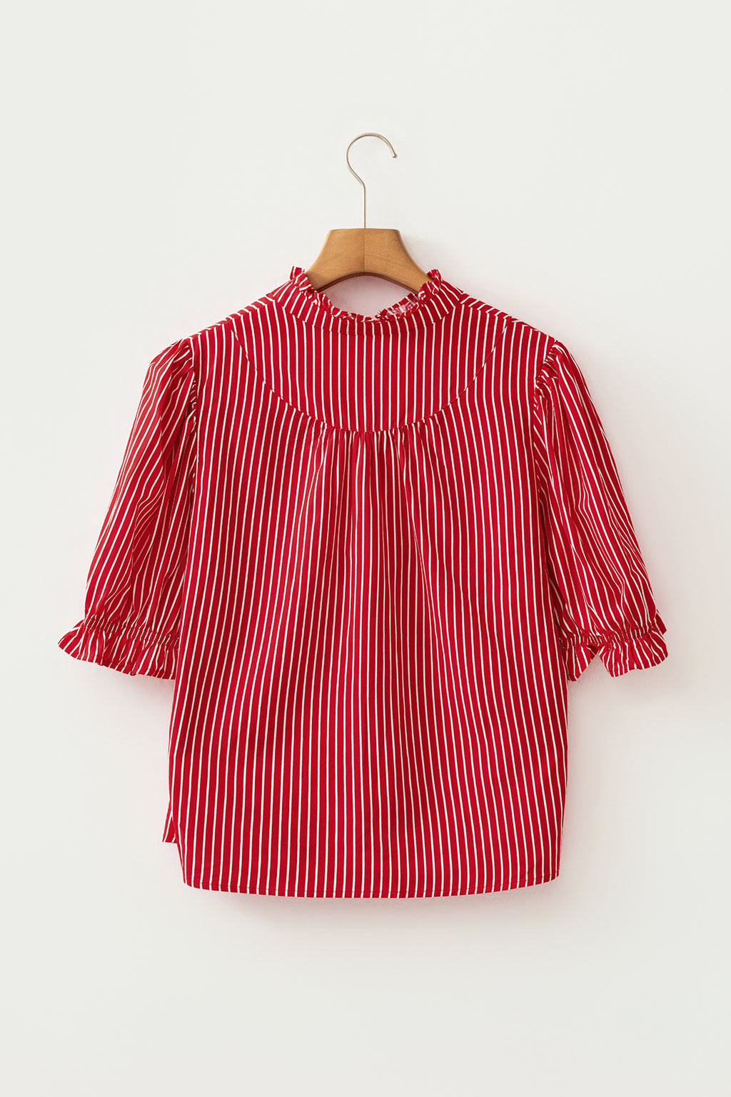 Stripe Ruffled Short Puff Sleeve Button Front Blouse