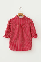 Stripe Ruffled Short Puff Sleeve Button Front Blouse