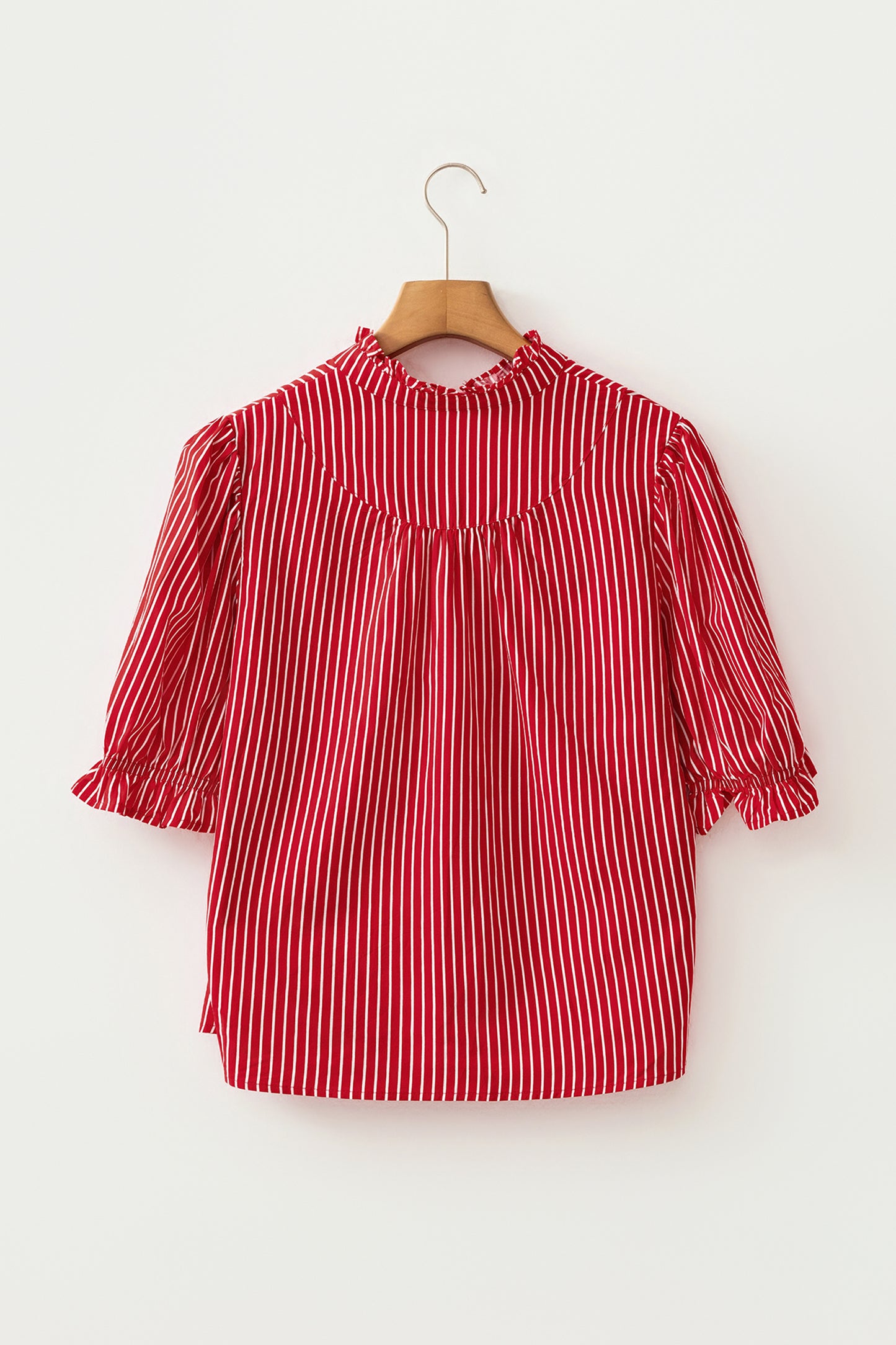 Stripe Ruffled Short Puff Sleeve Button Front Blouse