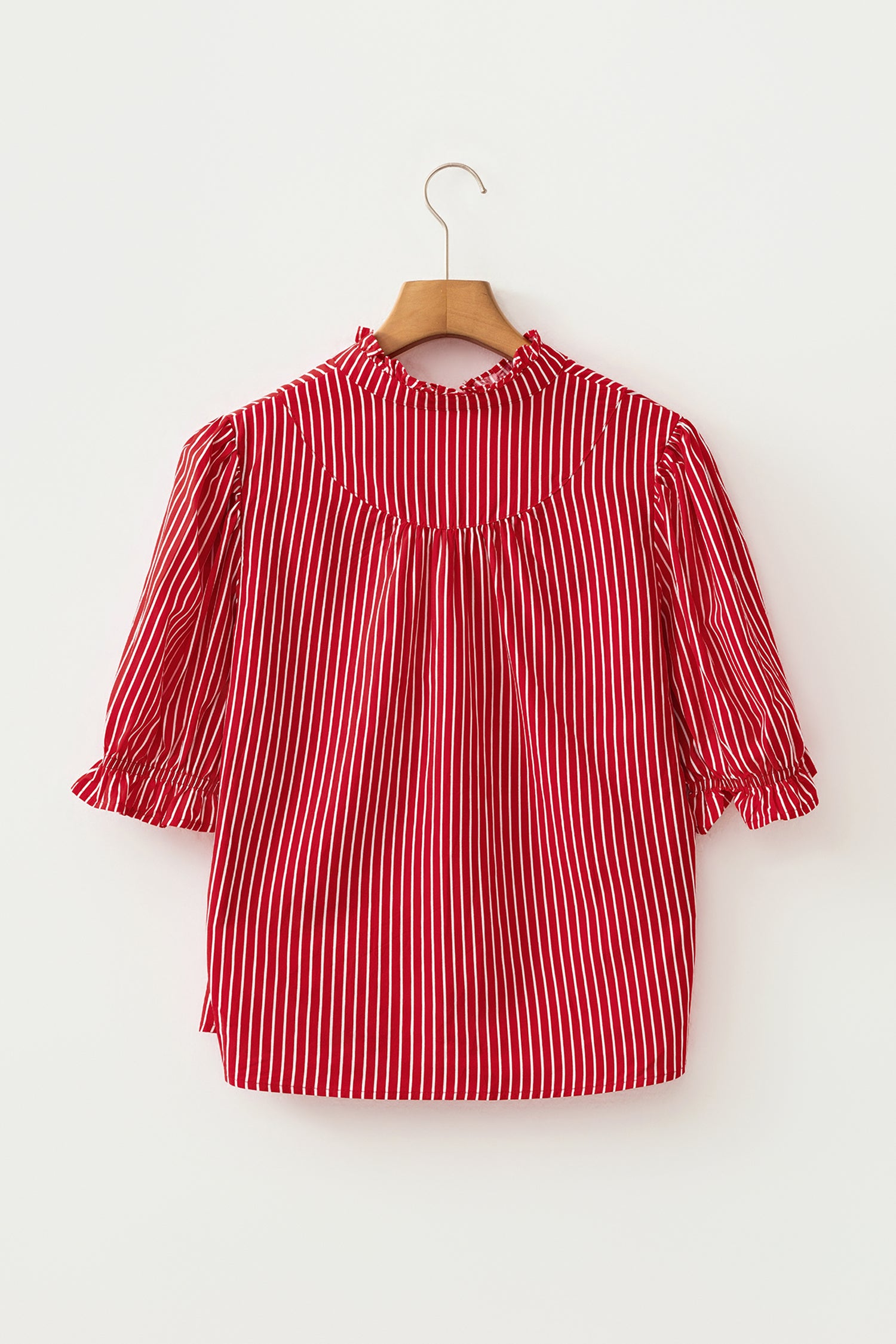 Stripe Ruffled Short Puff Sleeve Button Front Blouse