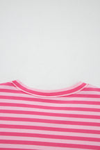 Pink Stripe Drop Shoulder Round Neck Top and Buttoned Straight Pants Two Piece Set