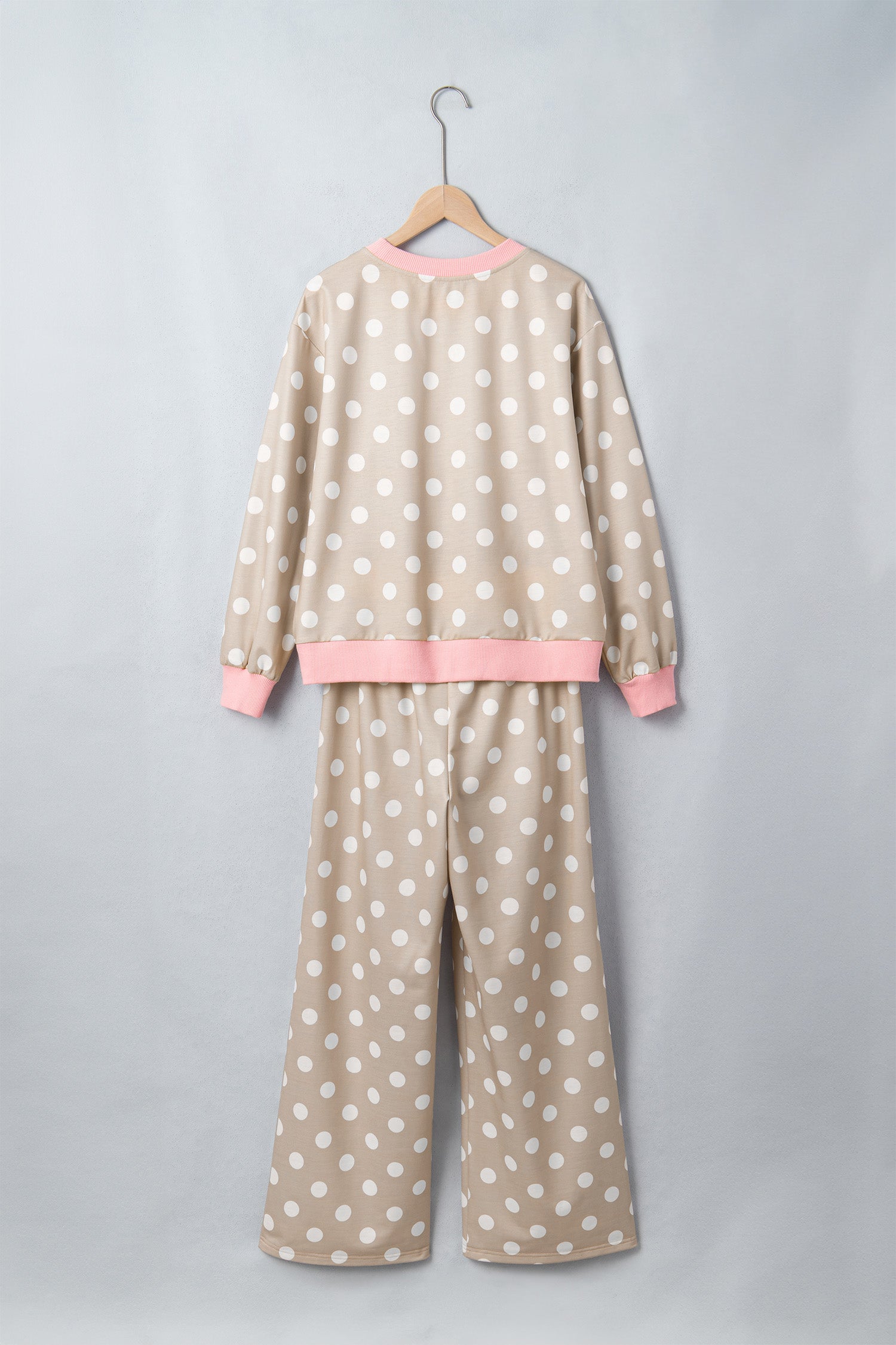 Khaki Polka Dot Contrast Trim Long Sleeve Top Drawstring Shift Pants Set
