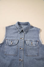 Beau Blue Denim Flap Pocket Curved Hem Shirt Vest