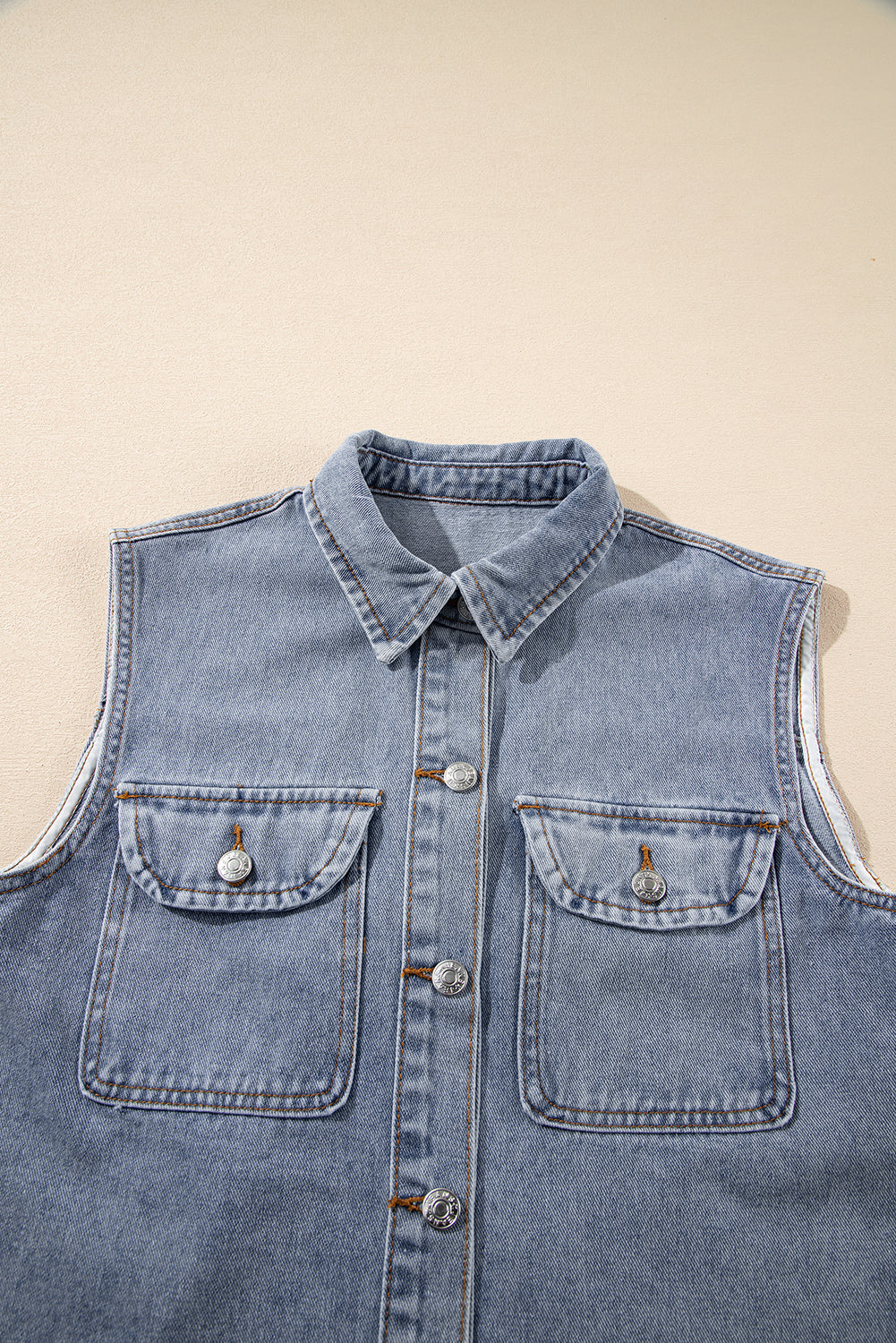 Beau Blue Denim Flap Pocket Curved Hem Shirt Vest