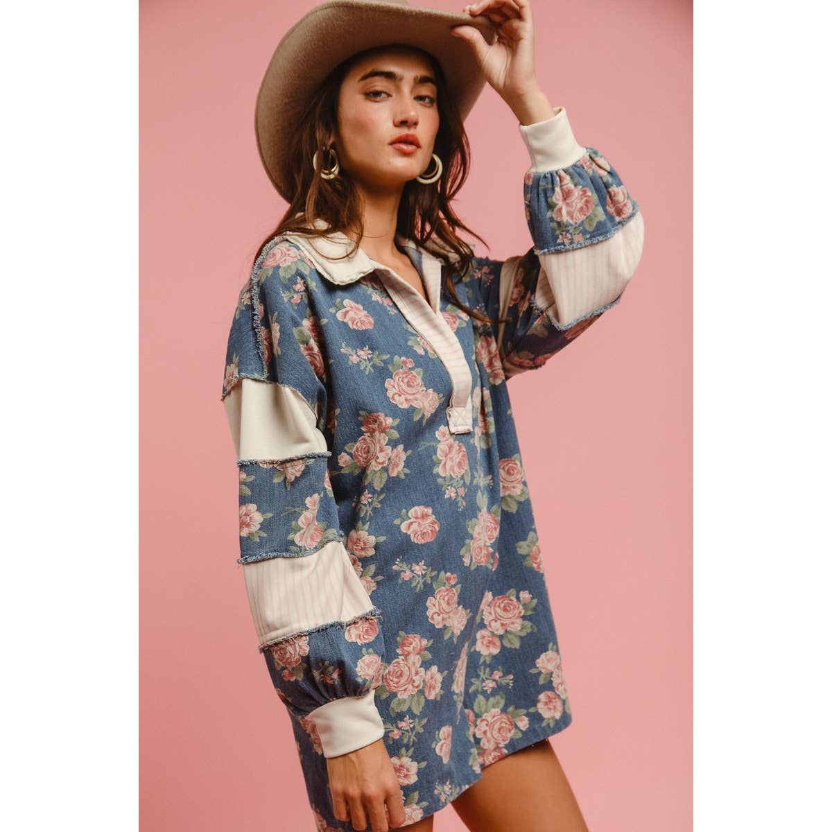WASHED FLORAL DENIM ROMPER WITH CONTRAST COLLAR