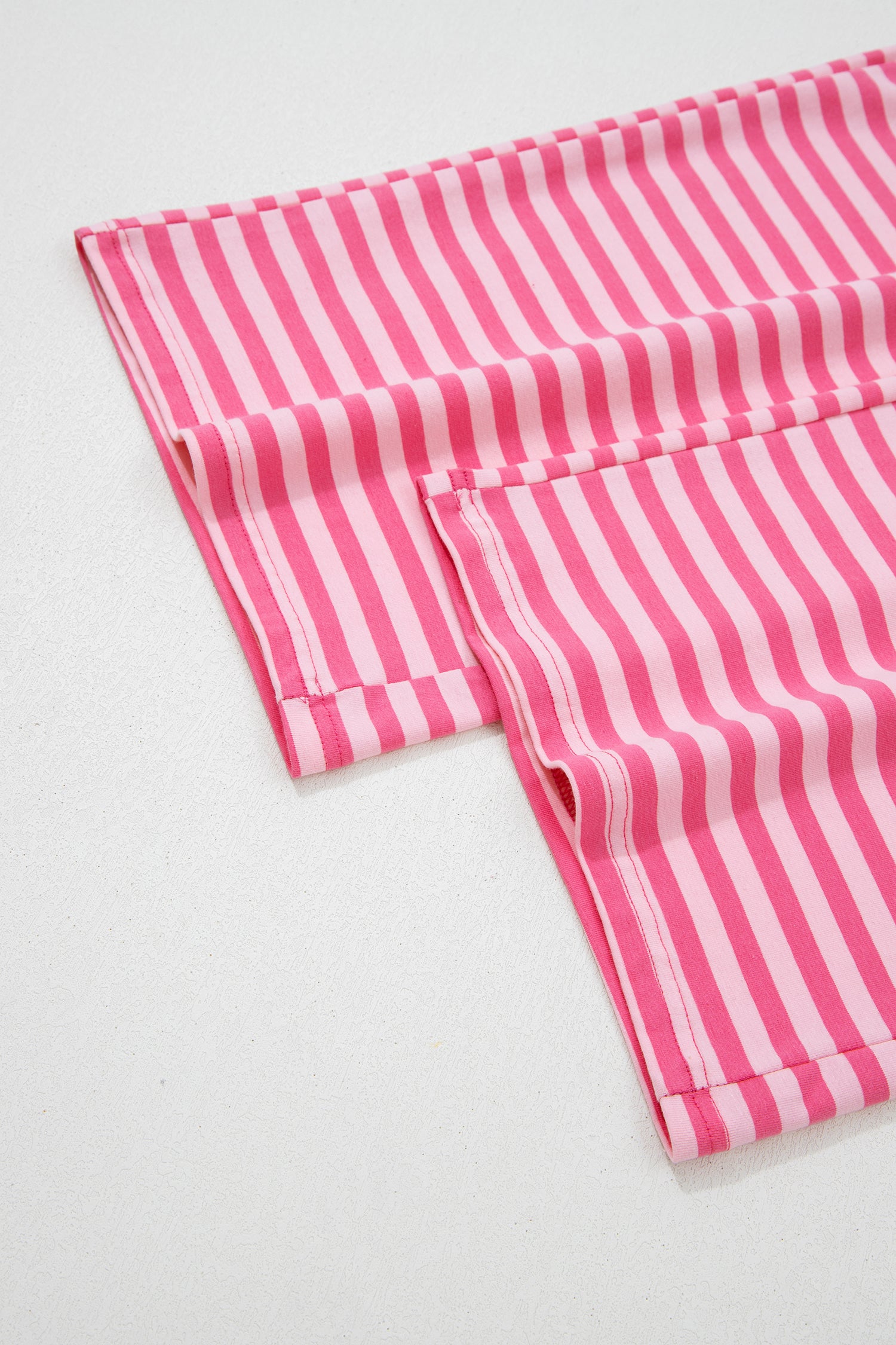 Pink Stripe Drop Shoulder Round Neck Top and Buttoned Straight Pants Two Piece Set
