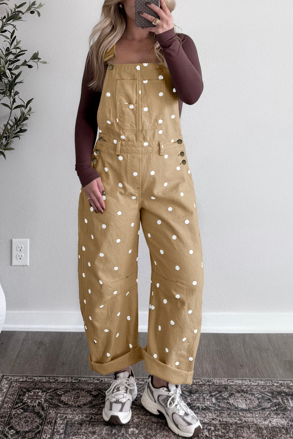 Polka Dot Print Bib Pocket Denim Barrel Overalls Jumpsuit