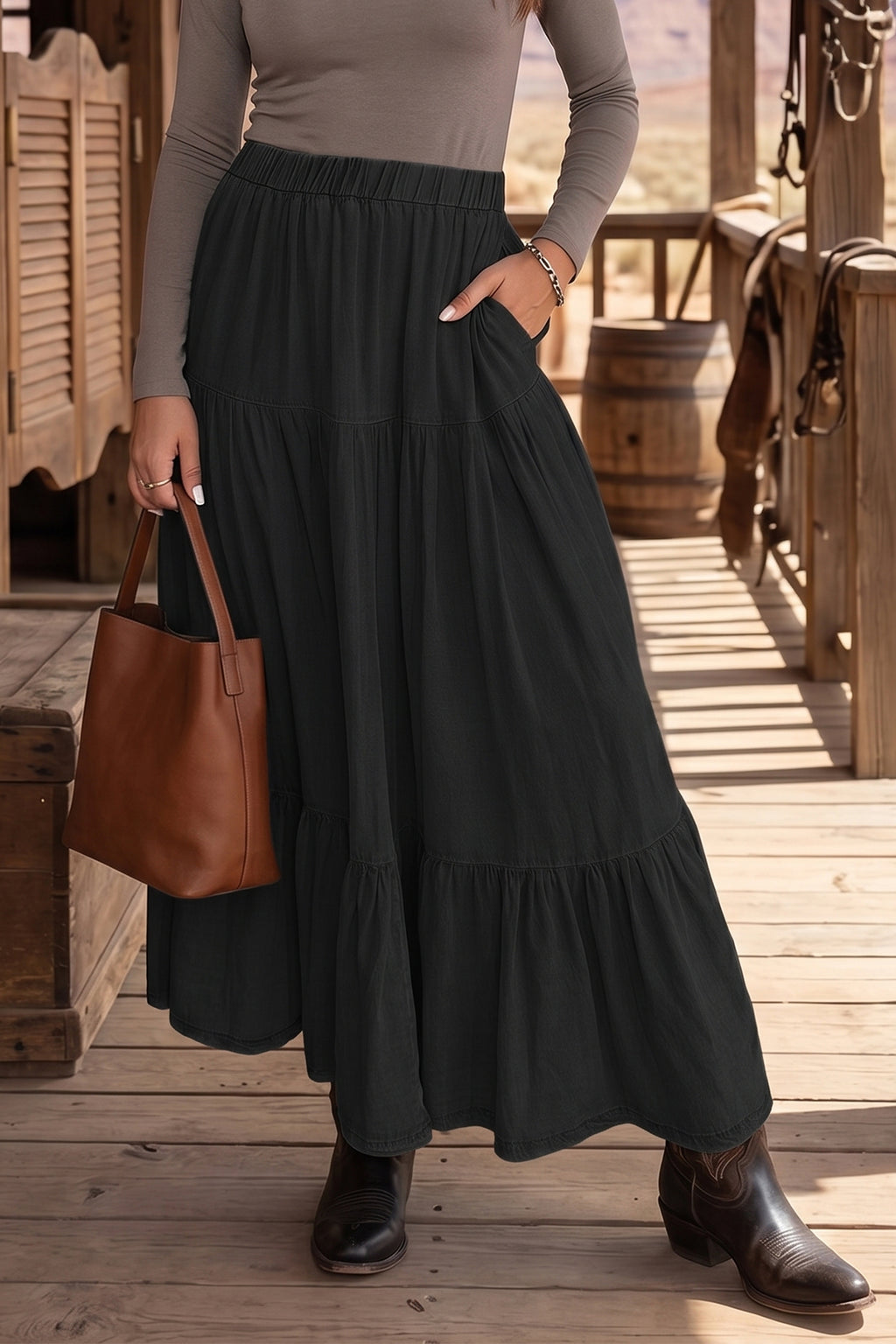Black Elastic Waist Ruffled Tiered Flared Denim Maxi Skirt
