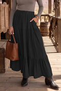 Black Elastic Waist Ruffled Tiered Flared Denim Maxi Skirt