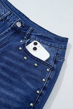 Navy Blue Studded Detail Straight Leg Casual Loose Jeans