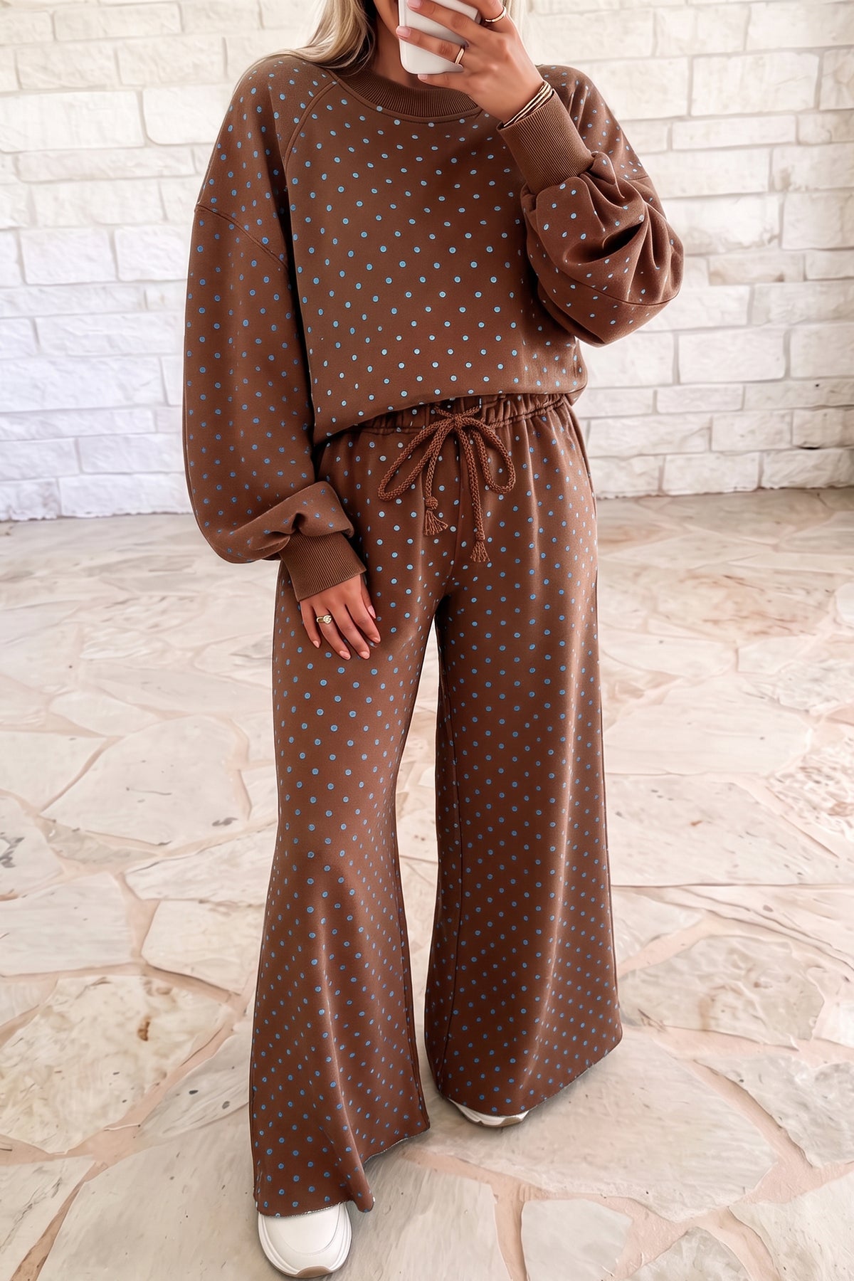Polka dot drawstring wide-leg long sleeve top and pant set by Dear-Lover, stylish two-piece outfit with a playful pattern.