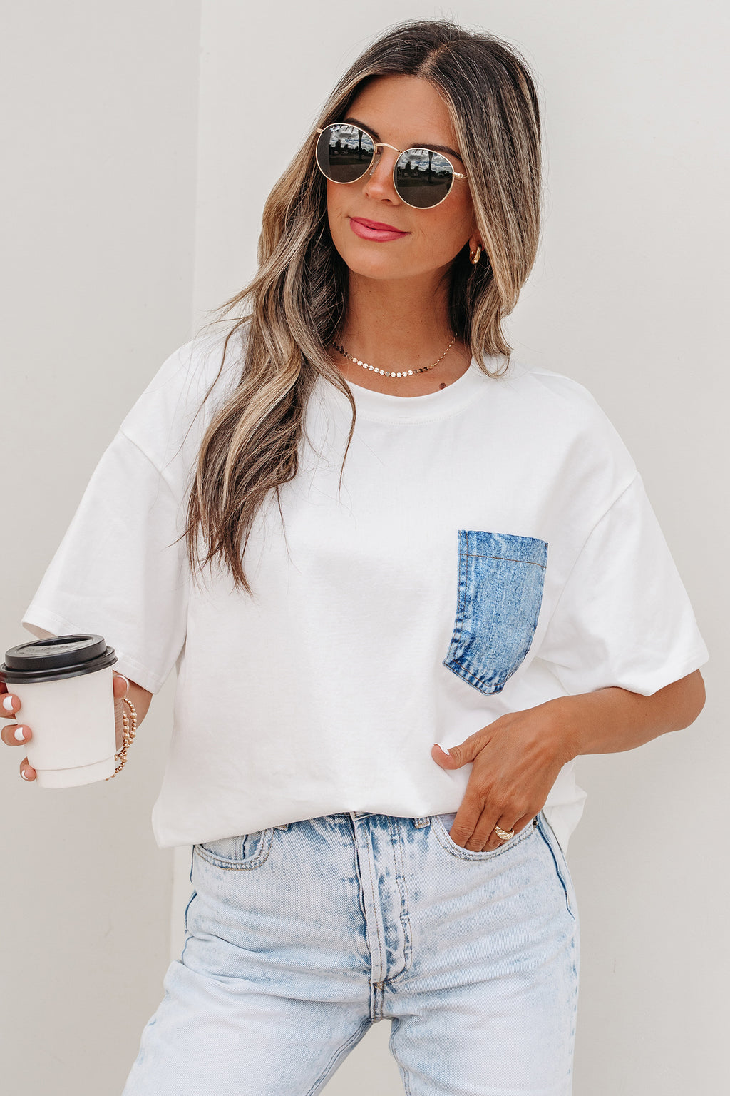 Sail Blue Color Block Chest Pocket Patched Casual Short Sleeve Top