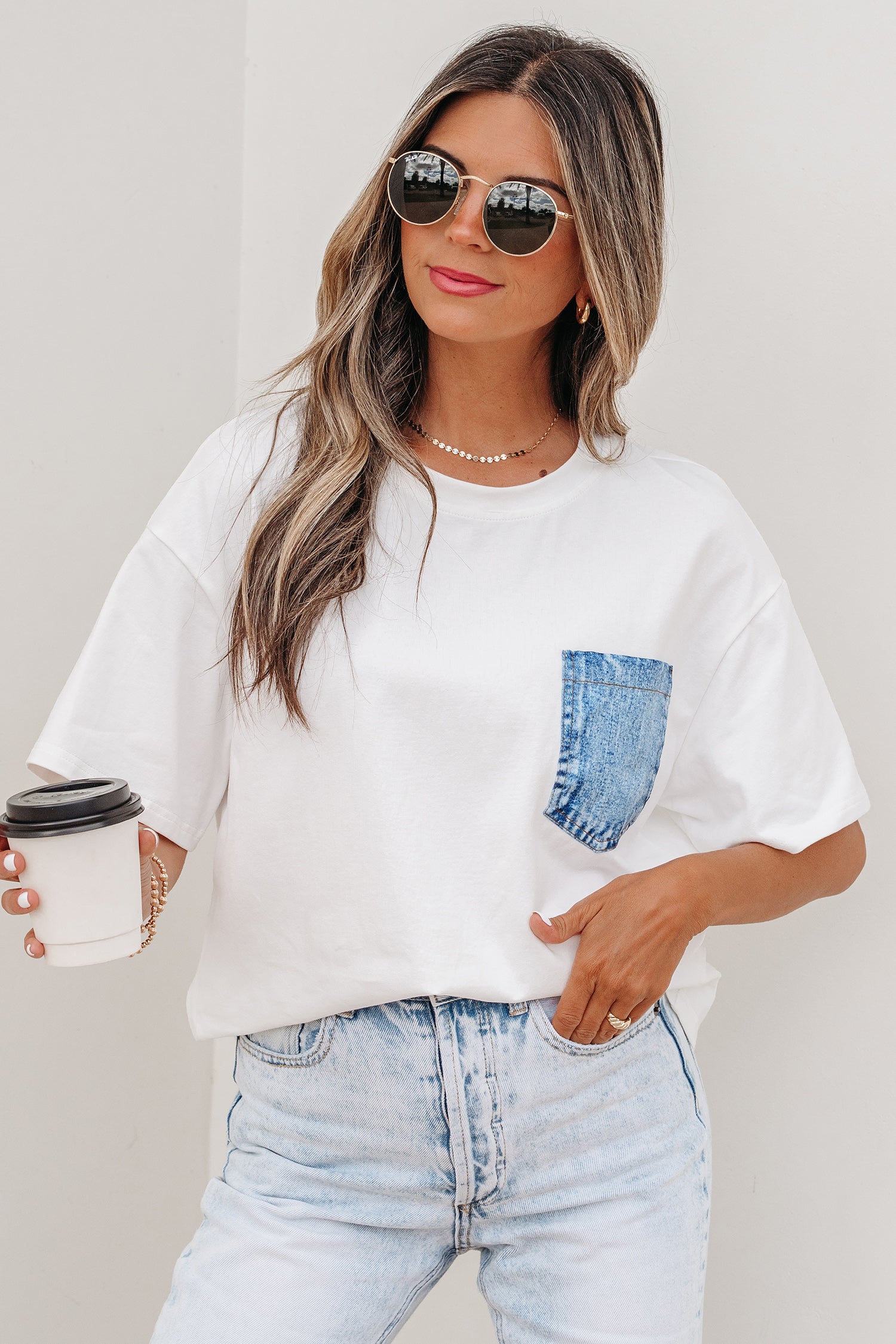 Sail Blue Color Block Chest Pocket Patched Casual Short Sleeve Top