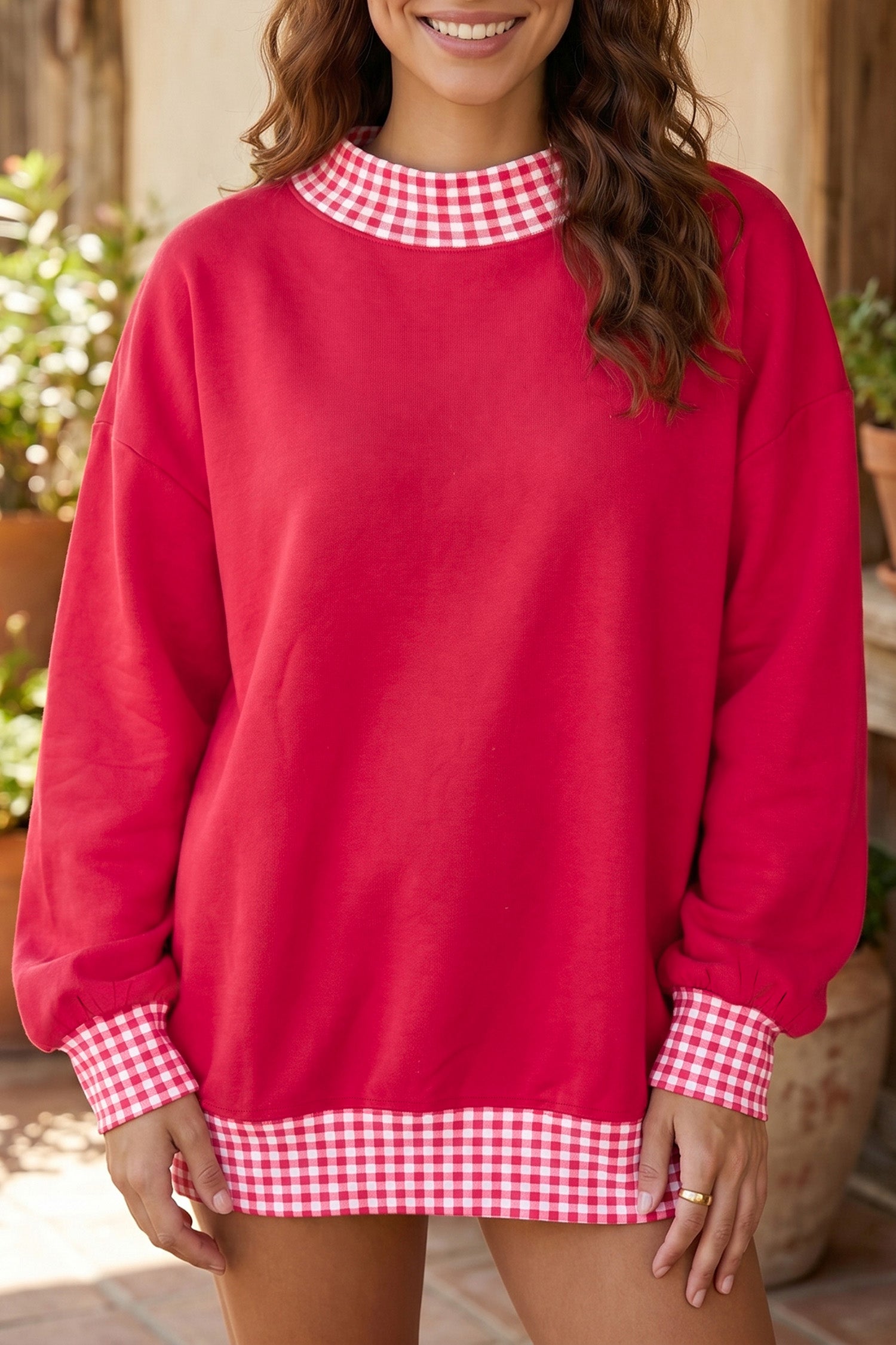 Racing Red Colorblock Polka Dot Contrast Trim Oversized Sweatshirt