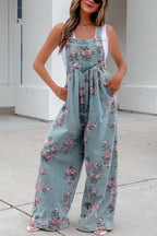 Beau Blue Floral Print Pleated High Waist Wide Leg Denim Jumpsuit