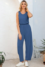 Solid Color Pleated Detail Elastic Waist Sleeveless Jumpsuit