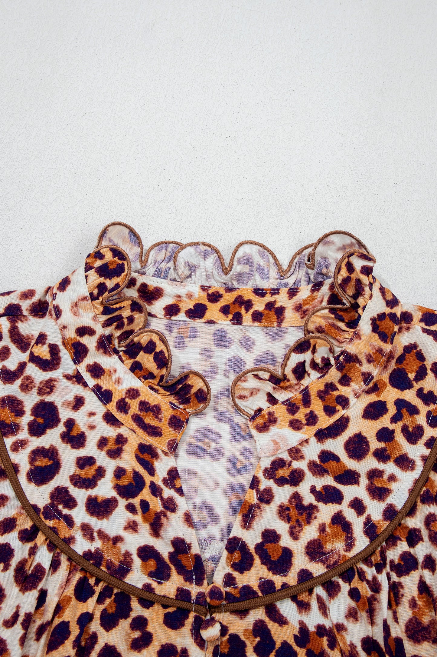 Brown Plus Size Leopard Frilled Stand Neck Blouse