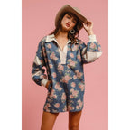 WASHED FLORAL DENIM ROMPER WITH CONTRAST COLLAR