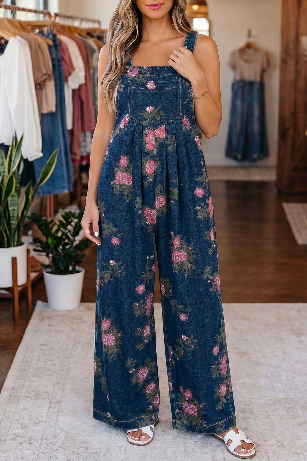 Floral Print Pleated High Waist Wide Leg Denim Jumpsuit