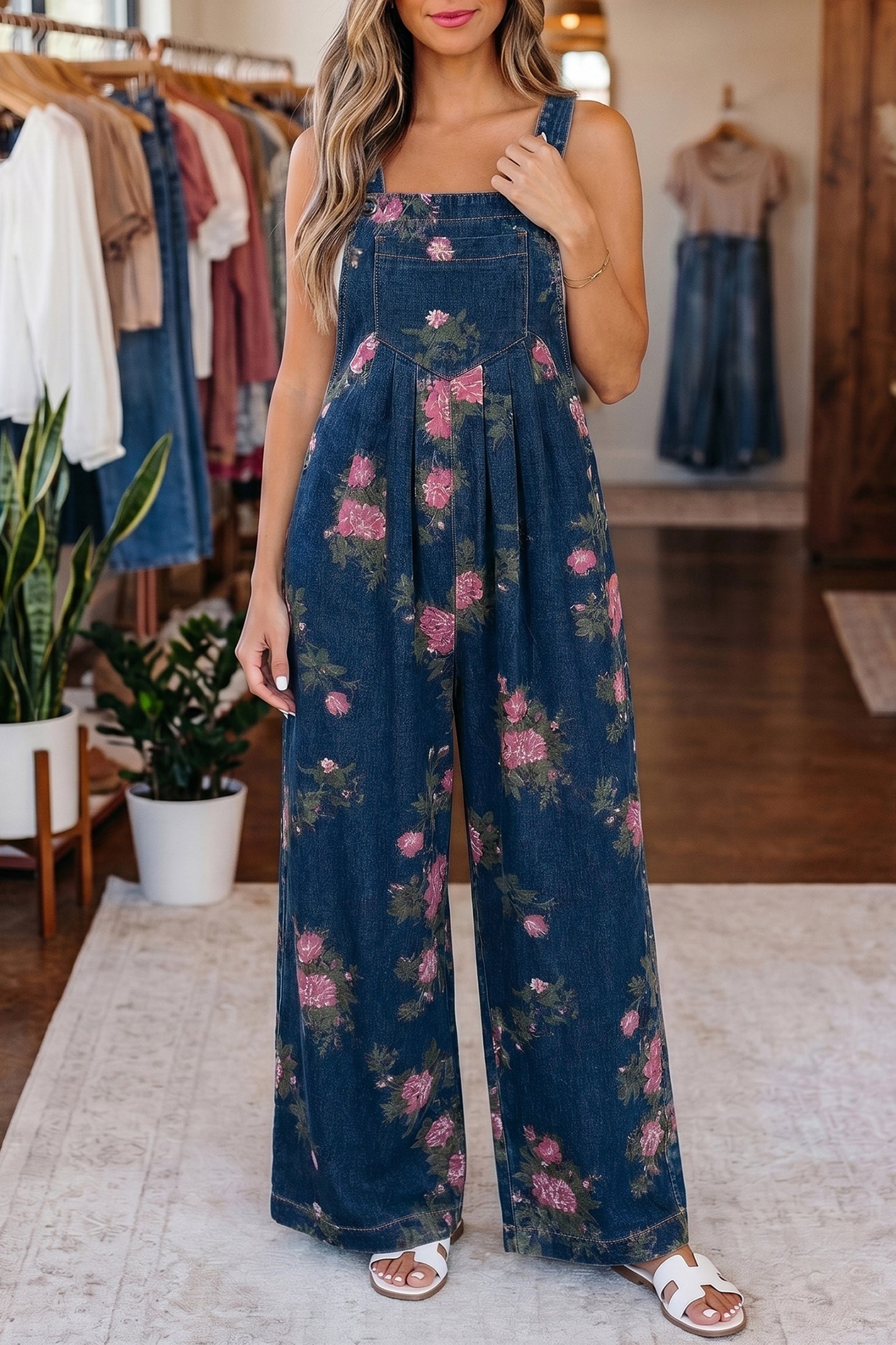 Floral Print Pleated High Waist Wide Leg Denim Jumpsuit