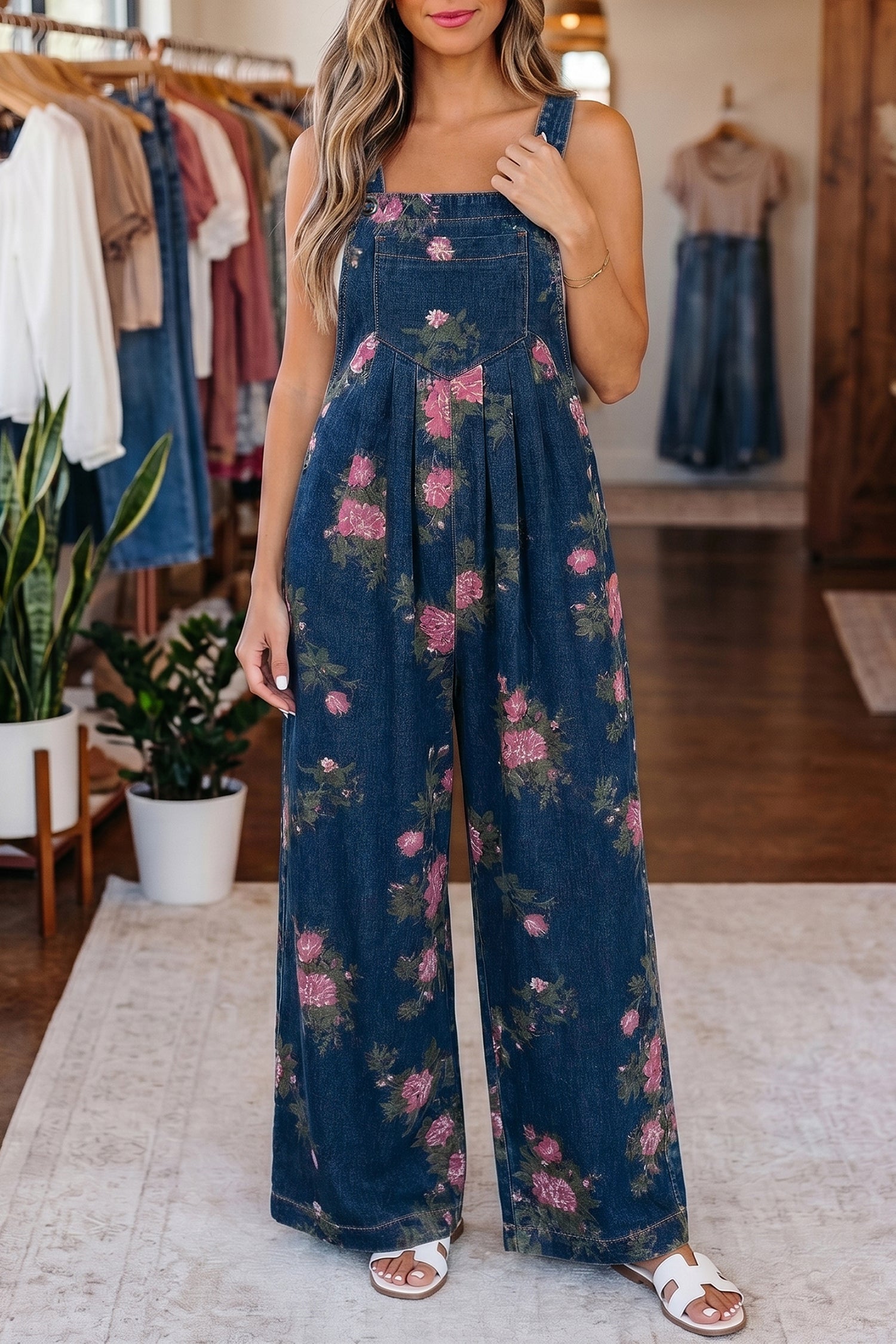 Floral Print Pleated High Waist Wide Leg Denim Jumpsuit