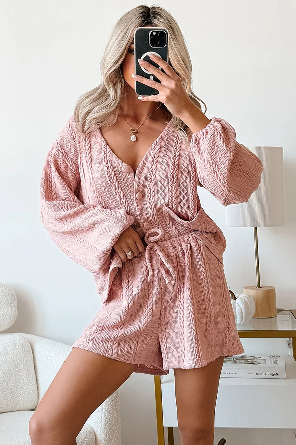 Gossamer Pink Cable Knit V Neck Cardigan Shorts Set