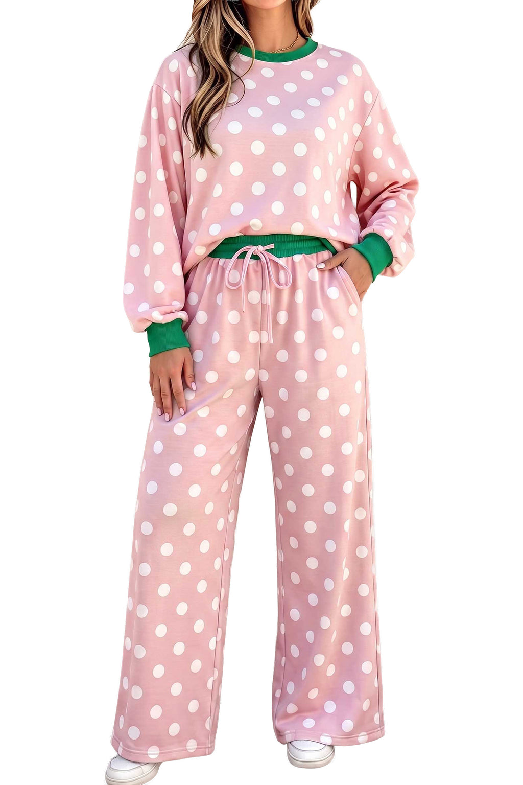 Pink polka dot long sleeve top and drawstring shift pants set by Dear-Lover, casual two-piece outfit with contrast trim.