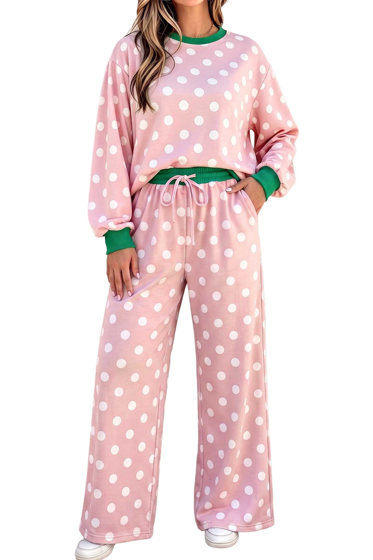 Pink polka dot long sleeve top and drawstring shift pants set by Dear-Lover, casual two-piece outfit with contrast trim.