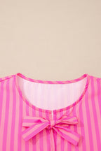 Rose Striped Print Bow Detail Short Puff Sleeve Mini Dress