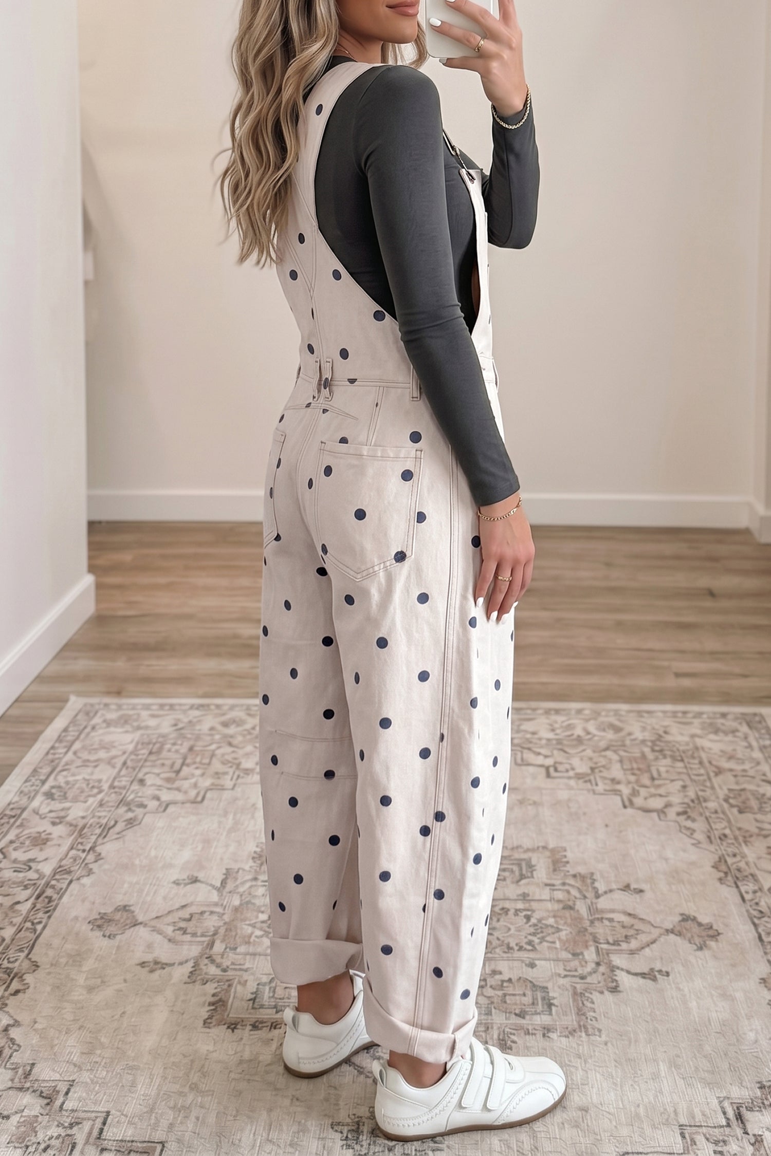 Polka Dot Print Bib Pocket Denim Barrel Overalls Jumpsuit
