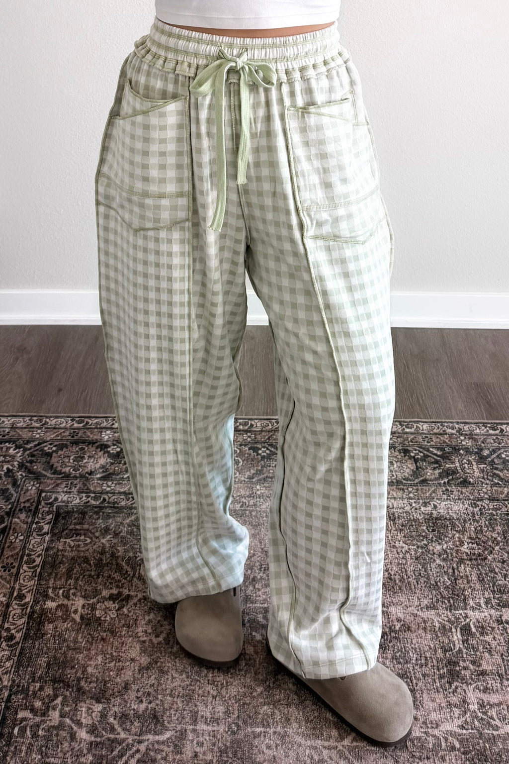 Plaid contrast trim drawstring elastic waist shift pants from Dear-Lover, featuring a casual, comfortable fit and stylish design.