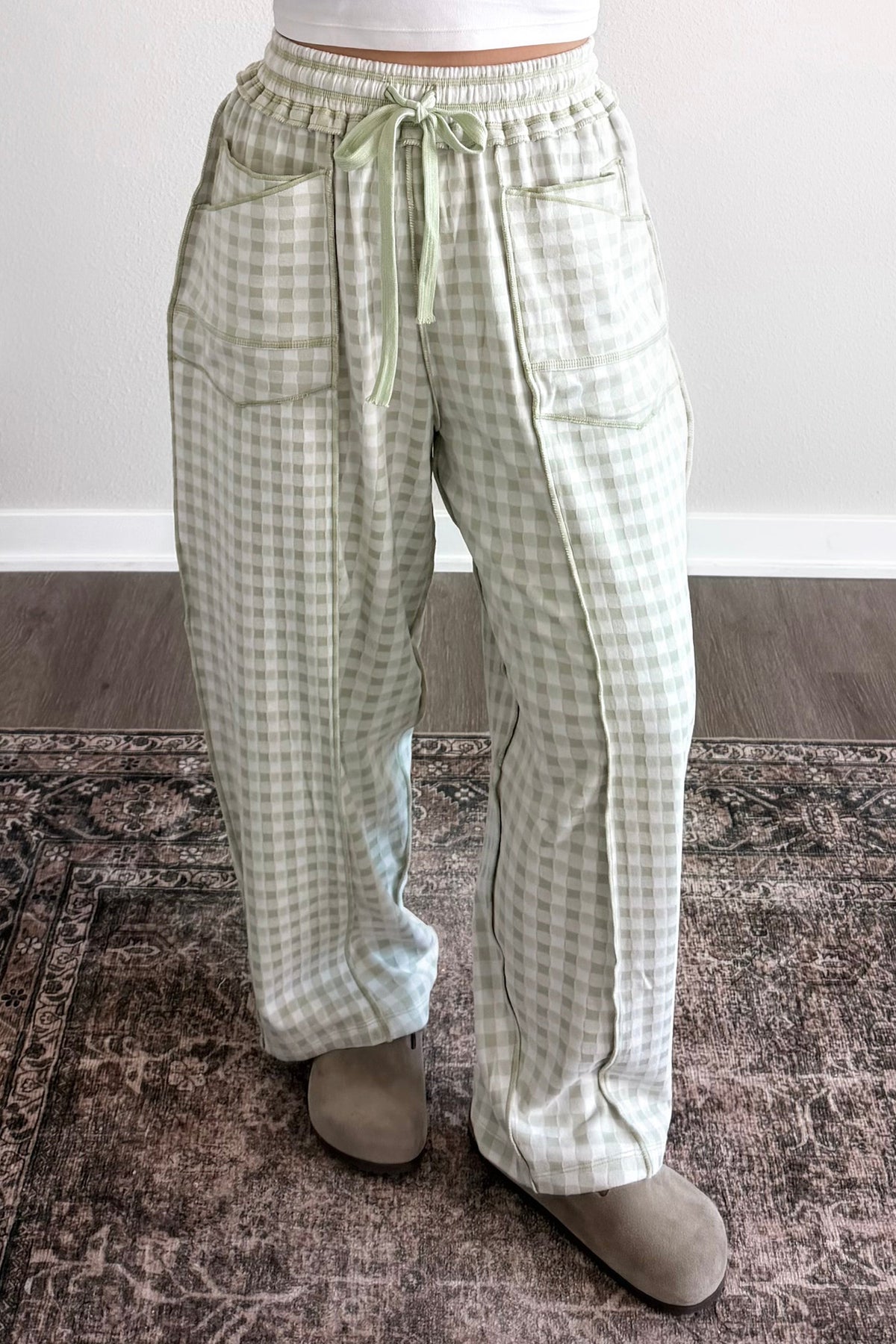 Plaid contrast trim drawstring elastic waist shift pants from Dear-Lover, featuring a casual, comfortable fit and stylish design.