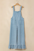 Myosotis Striped Distressed Ruffled Wide Leg Denim Overalls