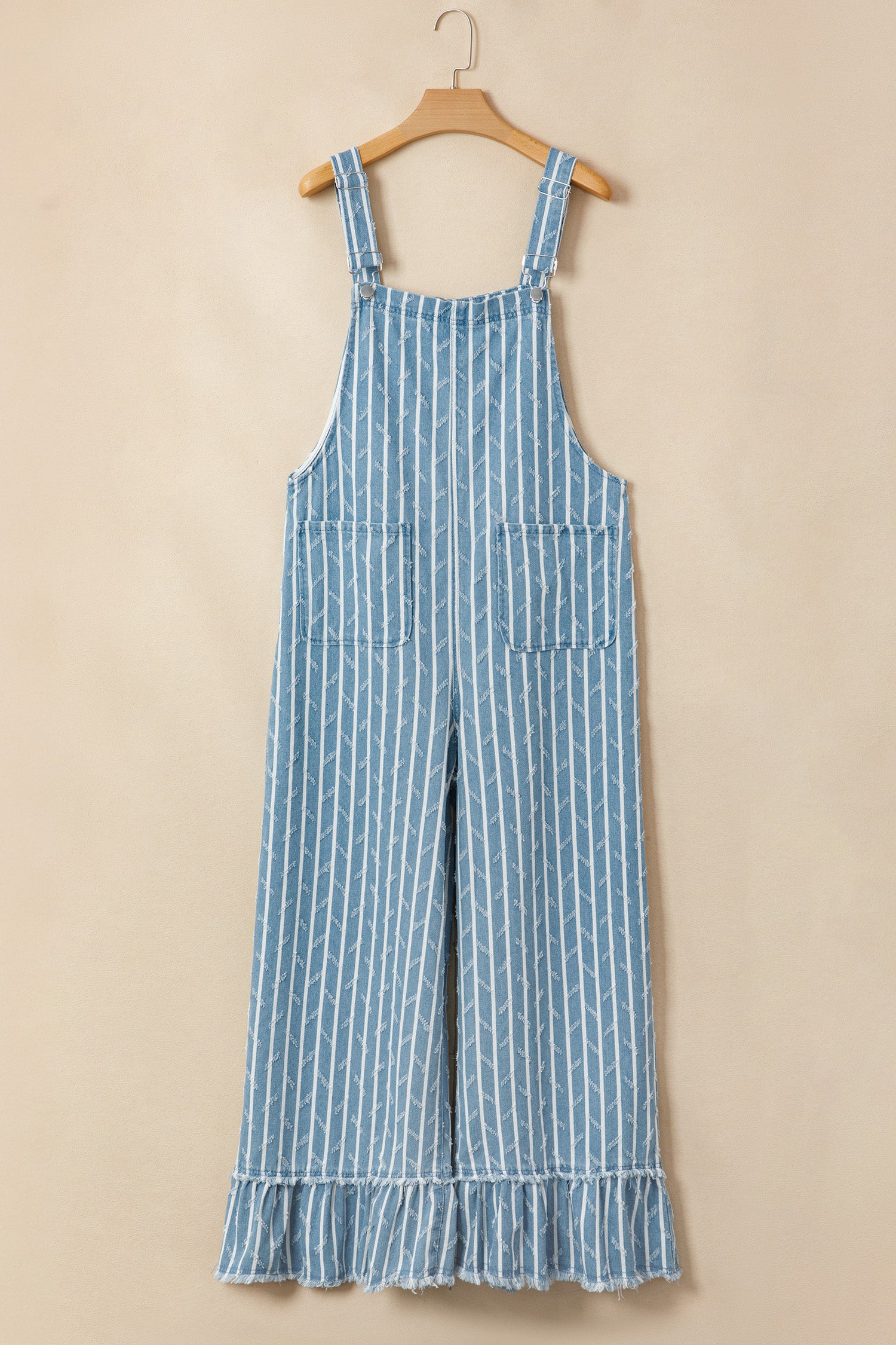 Myosotis Striped Distressed Ruffled Wide Leg Denim Overalls