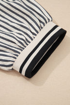 Black Stripe Polo Collar Half Zip Short Puff Sleeve Blouse