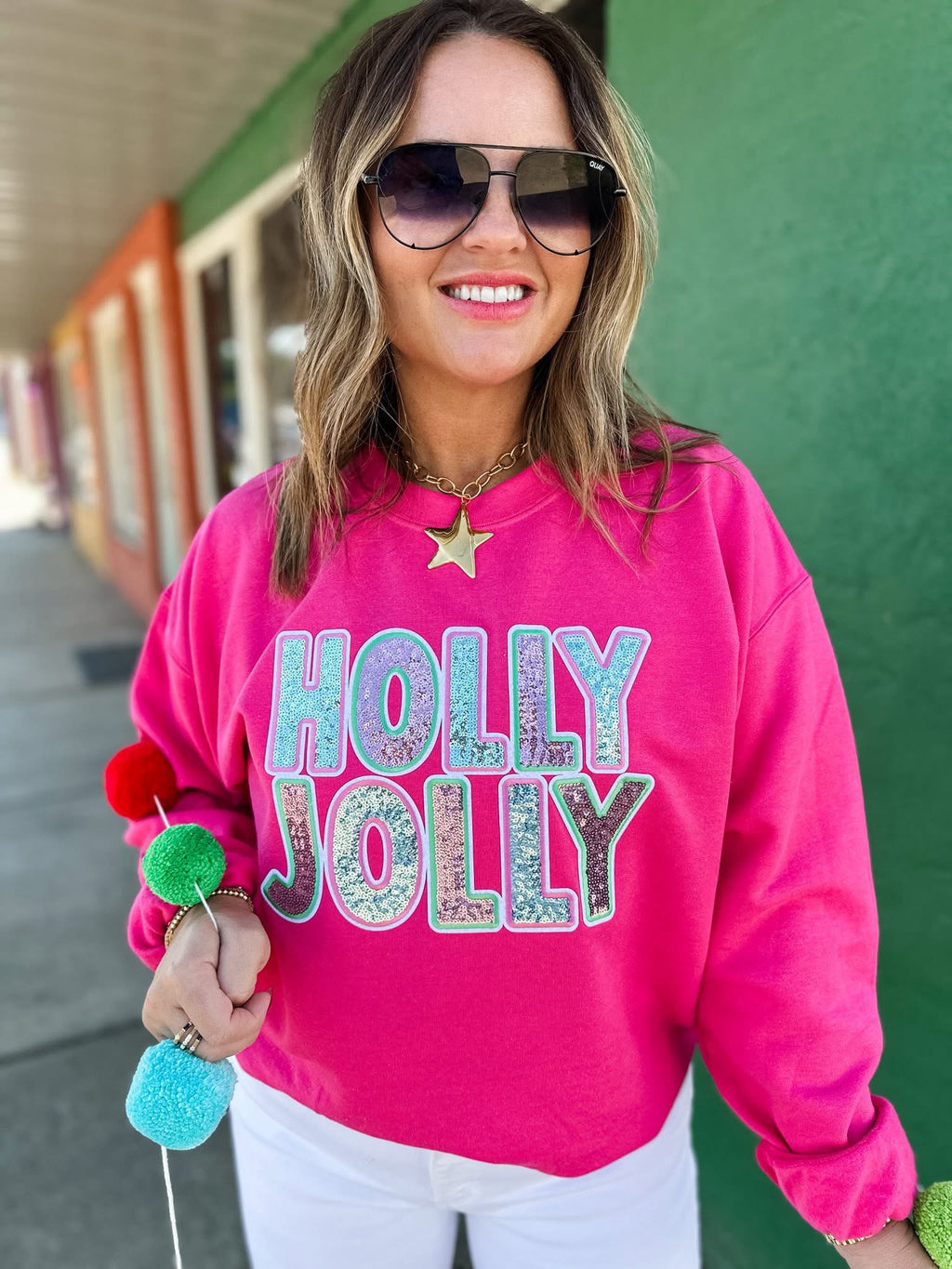 Al + Gray Graphic Tees Holly Jolly Sequins T-shirt with festive design and shiny sequins in a close-up view.